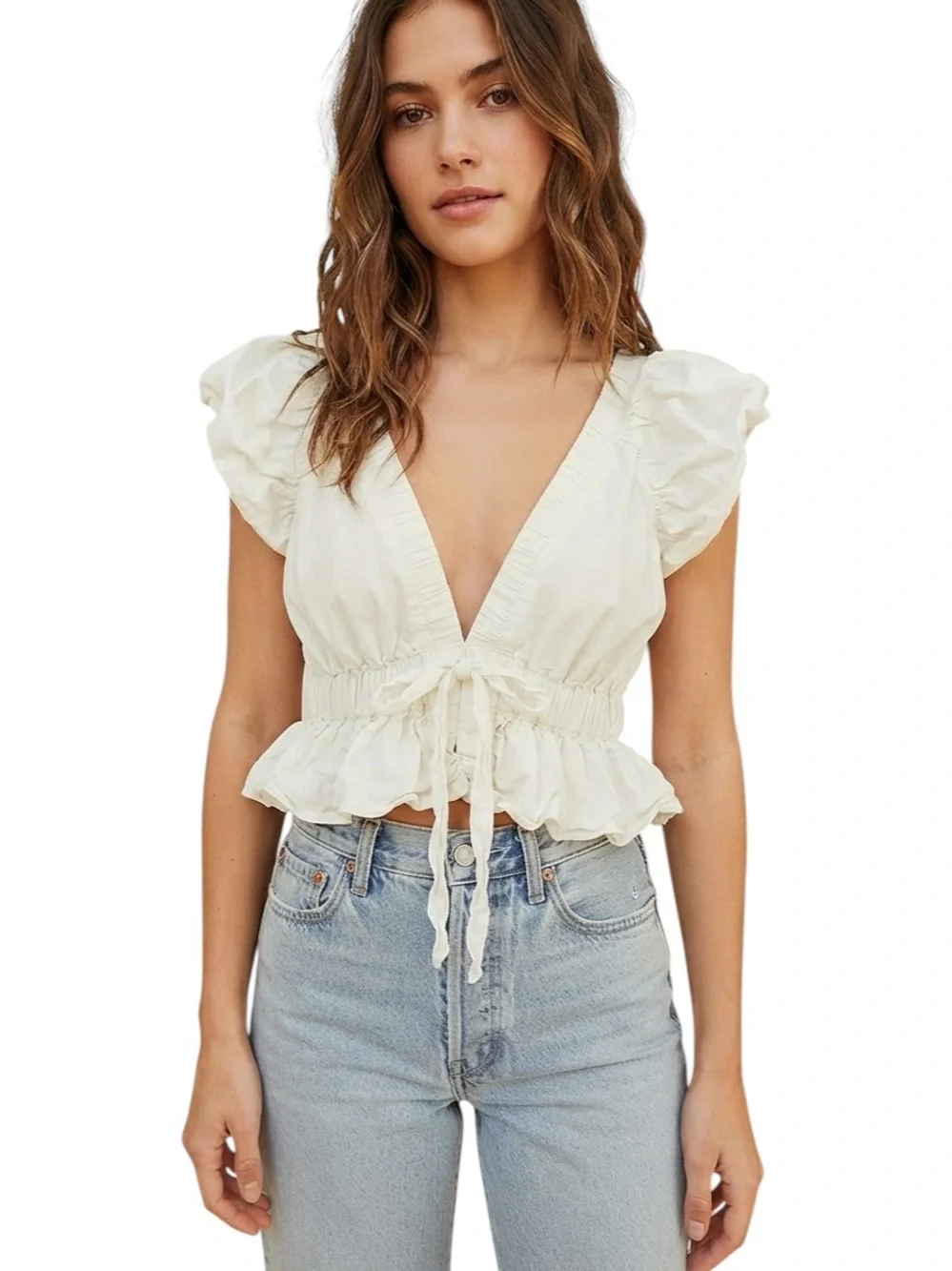 Free People Bring The Bubble Top Ivory White Cotton Plunge Crop Small S